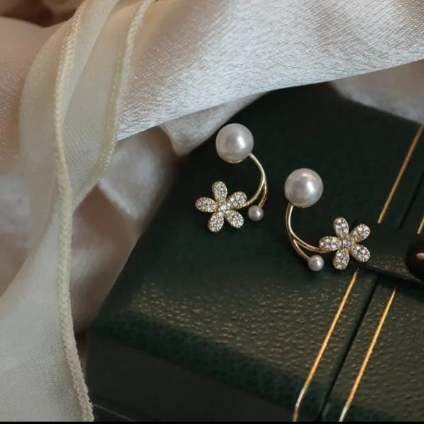 Korean Zircon Flower Pearl Front Back Earrings For Girls