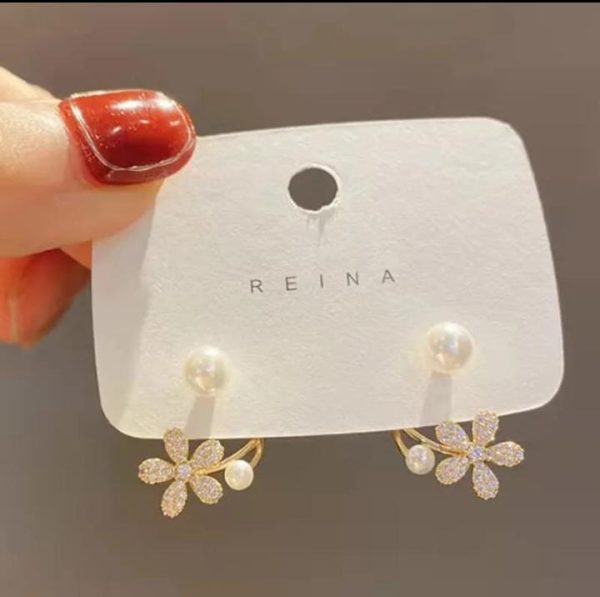 Korean Zircon Flower Pearl Front Back Earrings For Girls