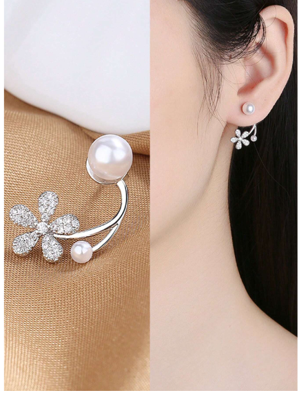 Korean Zircon Flower Pearl Front Back Earrings For Girls