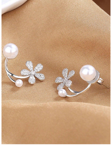 Korean Zircon Flower Pearl Front Back Earrings For Girls